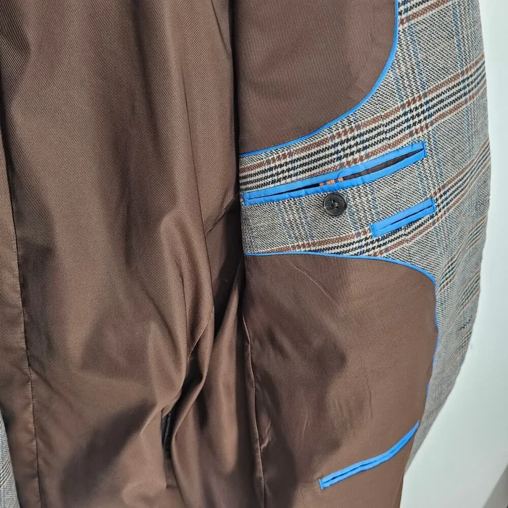 Crown & Ivy Brown Blue Plaid Cotton Two Button Elbow Patch Blazer Jacket Men 46R